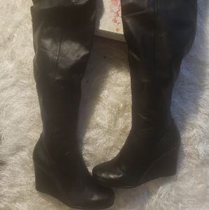 Chinese Laundry Black Over Thee Knee Wedge Boots